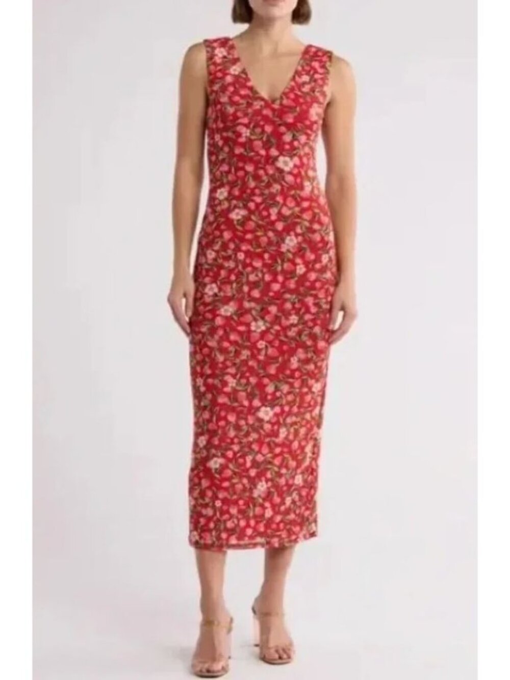 AFRM Liora Midi Dress In Summer Berry Sleeveless Mesh Strawberries size XL